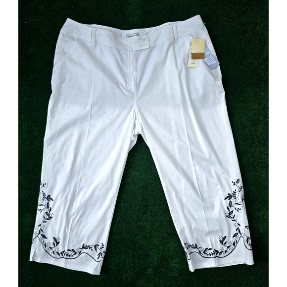 Coldwater Creek Ivy Vine Embroidered Crop Pants Women's 22 Natural Waist White - Picture 1 of 12
